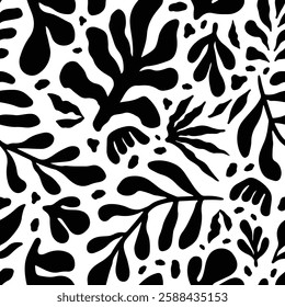 Simple abstract contemporary seamless pattern. Hand drawn flower and leaf shape textures in black and white. Abstact organic shape. Repeatable floral vibrant modern boho prints. Vector illustration