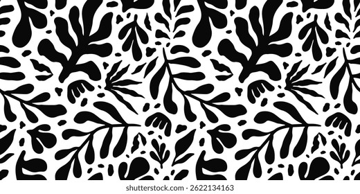 Simple abstract contemporary seamless pattern. Hand drawn flower and leaf shape textures in black and white. Abstact organic shape. Repeatable floral vibrant modern boho prints. Vector illustration
