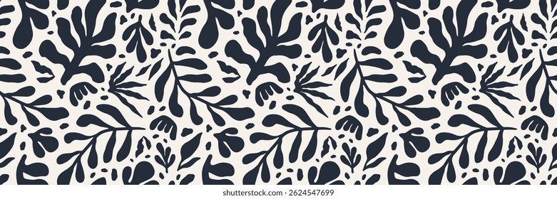 Simple abstract contemporary seamless pattern. Hand drawn flower and leaf shape textures in black and white. Abstact organic shape. Repeatable floral vibrant modern boho prints. Vector illustration
