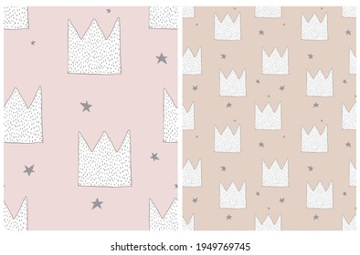 Simple Abstract Crown Print. Freehand Baby Shower Vector Patterns ideal for Fabric, Textile. Hand Drawn Irregular Crowns and Stars Isolated on a Pastel Pink and Light Brown Background.