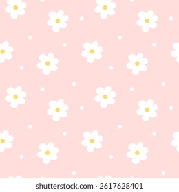 Simple abstract daisy seamless pattern. Cute floral vector seamless pattern with flowers and dots. Perfect for baby textile, clothing, fabric, wrapping paper and so on