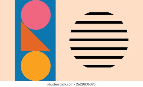 Simple abstract design with circles, triangles, and a bold striped shape on a light background. Clean modern layout for branding, web, or creative design projects.