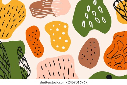Diseño abstracto simple con Formas dibujadas a mano ingenuas, garabatos de figuras. Fondo colorido de la diversión en estilo boho.