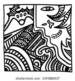 Patrón de doodle abstracto simple de cara sonriente y montaña