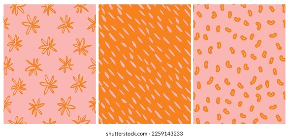 Simple Abstract Doodle Seamless Vector Patterns. Hand Drawn Spots, Flowers and Lines Isolated on a Pastel Pink and Orange Background. Cute Irregular Geometric and Floral Repeatable Print. 