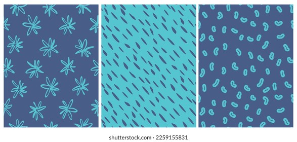 Simple Abstract Doodle Seamless Vector Patterns. Hand Drawn Spots, Flowers and Lines Isolated on a Turquoise and Dark Blue Background. Cute Irregular Geometric and Floral Repeatable Print. 