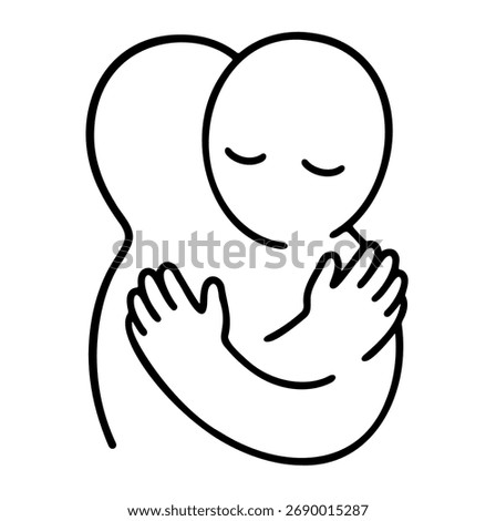 Simple abstract doodle of two people hugging each other. Black and white drawing of care and support. Vector illustration.