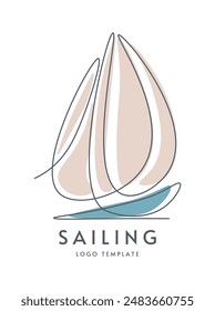 Simple abstract drawing sailboat. Boat icon in single continuous line. Sail on white isolated background. Doodle on white isolated background. Logo design. Color illustration.