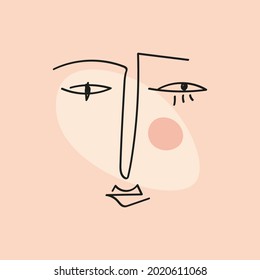 Simple abstract face portrait. Linear Ink brush. Line art current contemporary continuous painting. Modern fashion style abstraction poster.