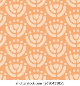 Simple abstract floral and dots motif as a block print forming a minimalist pattern in colors of cream on a pastel peach background. Seamless vector pattern. Great for home decor, fabric, wallpaper.