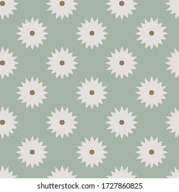 Simple abstract floral pattern. Seamless vector olive green and white background. Geometric flower head ornament for fabric, scrapbooking, wallpaper or backgrounds. Surface pattern design.