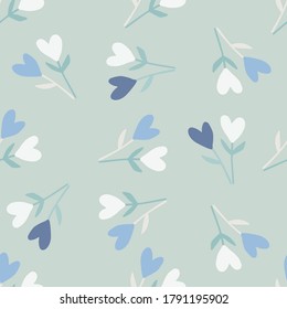 Simple abstract floral seamless pattern with twigs and hearts. Soft sky color background and blue, white elements. For wallpaper, wrapping paper, textile print, fabric. Vector illustration.