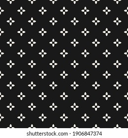 Simple abstract floral seamless pattern in Gothic style. Black and white vector texture with small flower silhouettes, crosses. Elegant minimal monochrome background. Dark repeated decorative design