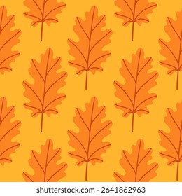 Simple abstract floral seamless pattern with colorful autumn leaves in orange. The leaves are arranged in rows on a yellow background, cozy fall vibe. Hand drawn botanical leaves.