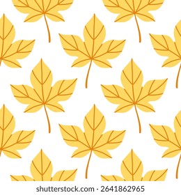 Simple abstract floral seamless pattern with colorful autumn leaves in yellow. The leaves are arranged in rows on a white background, cozy fall vibe. Hand drawn botanical leaves.