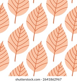 Simple abstract floral seamless pattern with colorful autumn leaves in pink. The leaves are arranged in rows on a white background, cozy fall vibe. Hand drawn botanical leaves.