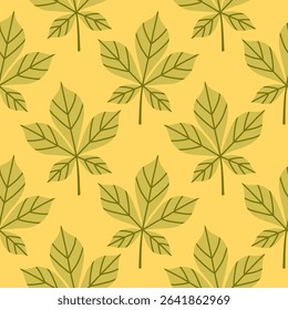 Simple abstract floral seamless pattern with colorful autumn leaves in green. The leaves are arranged in rows on a yellow background, cozy fall vibe. Hand drawn botanical leaves.