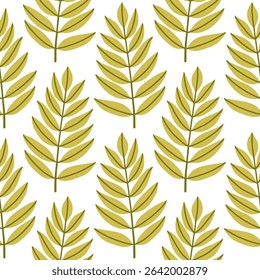 Simple abstract floral seamless pattern with colorful autumn leaves in green. The leaves are arranged in rows on a white background, cozy fall vibe. Hand drawn botanical leaves.