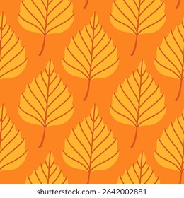 Simple abstract floral seamless pattern with colorful autumn leaves in yellow. The leaves are arranged in rows on a orange background, cozy fall vibe. Hand drawn botanical leaves.
