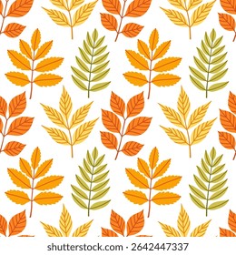 Simple abstract floral seamless pattern with colorful autumn leaves in orange, yellow, and green. The leaves are arranged in rows on a white background, cozy fall vibe. Hand drawn botanical leaves.