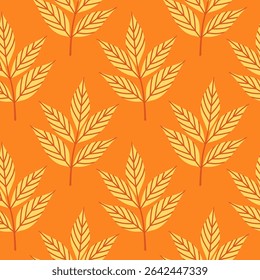 Simple abstract floral seamless pattern with colorful autumn leaves in yellow. The leaves are arranged in rows on a orange background, cozy fall vibe. Hand drawn botanical leaves.