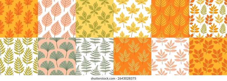 Simple abstract floral seamless pattern set with colorful autumn leaves. The leaves are arranged in rows on isolated background, cozy fall vibe. Hand drawn botanical leaves.