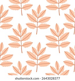 Simple abstract floral seamless pattern with colorful autumn leaves in pink. The leaves are arranged in rows on a white background, cozy fall vibe. Hand drawn botanical leaves.
