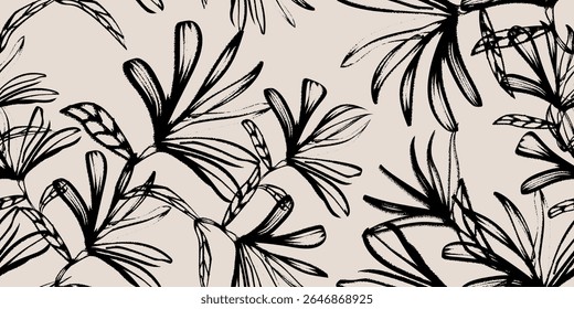 Simple abstract floral seamless pattern. Hand-drawn botanical flowers and leaves. Vector illustration