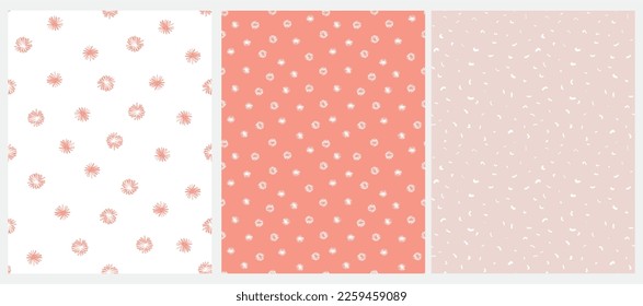 Sencillos Patrones de vectores sin soldadura floral. Lugares y flores dibujadas a mano aisladas en un fondo blanco, rosa claro y rojo coral. Impresión Geométrica y Repetible de Flores Rurales. 