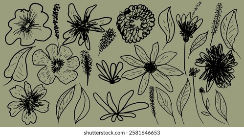 Simple abstract floral set. Collection of hand drawn botanical flowers and leaves. Flower vase, vector flowers pot icon, black and white silhouette illustration, silhouette design. Template vector