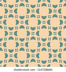 Simple abstract floral texture. Vintage geometric seamless pattern with flower silhouettes, small squares. Vector background in tan and teal colors. Elegant repeat design for decor, wrapping paper