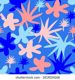 Simple abstract floral vector seamless pattern. Blue, pink foliage, flowers, shapes . For prints of fabric, wrapping paper, textile products, clothing.