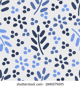Simple abstract floral vector seamless pattern in blue gray colors. Twigs, dots, flowers in doodle style. For prints of fabric, textile products, packaging.