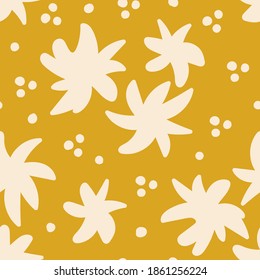 Simple abstract floral vector seamless pattern in color trends. Light pink  flowers on a golden background. For printing on fabrics, textiles, clothing, men's shirts.