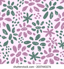 Simple abstract floral vector seamless pattern in doodle style. Lilac, green blue flowers, spots, dots on a light pink background. For prints of fabric, textile products, stationery.