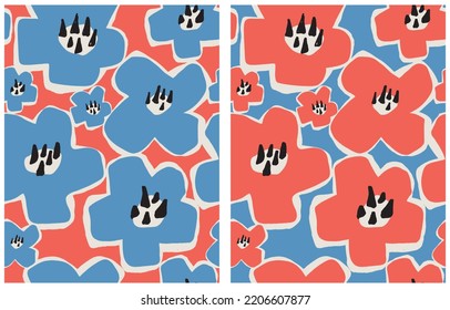 Sencillo Patrón De Seamless Del Vector Floral Abstracto. Flores dibujadas de mano azul y roja con contorno blanco. Impresión repetible de Jardín frío Resumen ideal para el diseño textil.Estilo infantil de la flor.