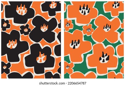 Simple Abstract Floral Vector Seamless Pattern. Black and Orange Hand Drawn Flowers with White Outline on a Green and Orange Background. Cool Abstract Garden Repeatable Print ideal for Fabric,Textile.
