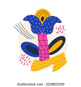 Simple abstract flower from different shapes with textures. Childish floral collage with paper cut elements. Vector flat illustration for design of greeting and event cards, posters, postcards