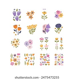 Simple abstract flower drawing set. Modern floral art vector illustration. Hand drawn botanical design for print, postcard, invitation. Summer flower market advertising template.