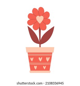 A simple abstract flower in a pot with a heart. A houseplant with a bud and leaves. A decorative element for Valentine's day cards. Color vector illustrations isolated on a white background