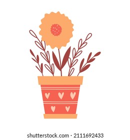 A simple abstract flower in a pot with a heart. A houseplant with a bud and twigs. A decorative element for Valentine's day cards. Color vector illustrations isolated on a white background