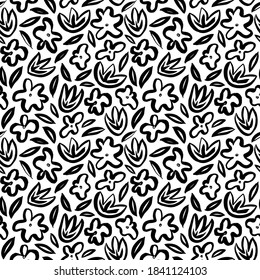 Simple abstract flower seamless pattern. Hand drawn vector botanical background. Brush black leaves and flowers. Black paint ink illustration with abstract floral motif. Outline daisy painting