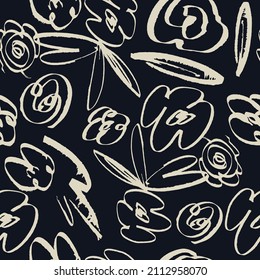 Simple abstract flower seamless pattern. Hand drawn vector botanical background illustration. Brush leaves and flowers. paint ink illustration with abstract floral motif.