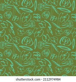Simple abstract flower seamless pattern. Hand drawn vector botanical background illustration. Brush leaves and flowers. paint ink illustration with abstract floral motif.