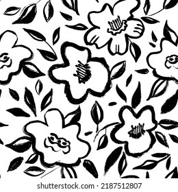 Simple abstract flower seamless pattern. Hand drawn vector botanical style.  Brush drawing leaves and flowers. Black paint ink illustration with abstract floral motif. 