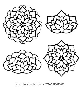 Simple abstract flowers icons set. Black and white round symmetrical  flower set.