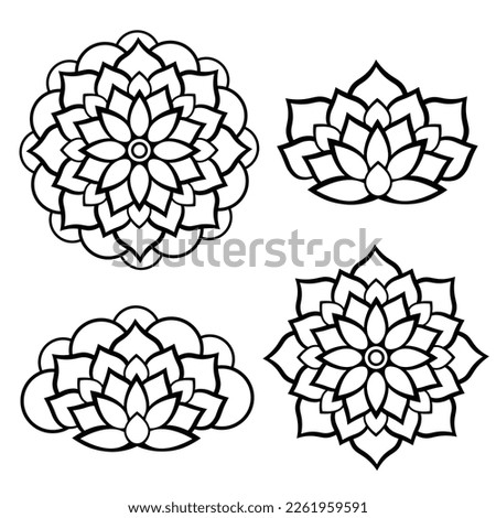 Simple abstract flowers icons set. Black and white round symmetrical  flower set.