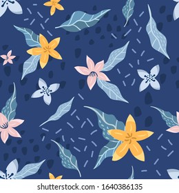 Simple abstract flowers on a blue background. Spring seamless pattern