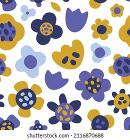 Simple abstract flowers seamless pattern. Repearing pattern for fabric, wallpaper, wrapping paper, prints. Trendy playful vector bloom. Very pery color scheme. Retro boho hippie style, minimalist.