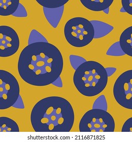 Flores abstractas simples patrón sin fisuras. Patrón repetitivo para tela, papel pintado, papel envolvente, huellas. Flores redondas juguetonas de moda. Un esquema de colores muy atractivo. Un estilo retro-hippie, minimalista.